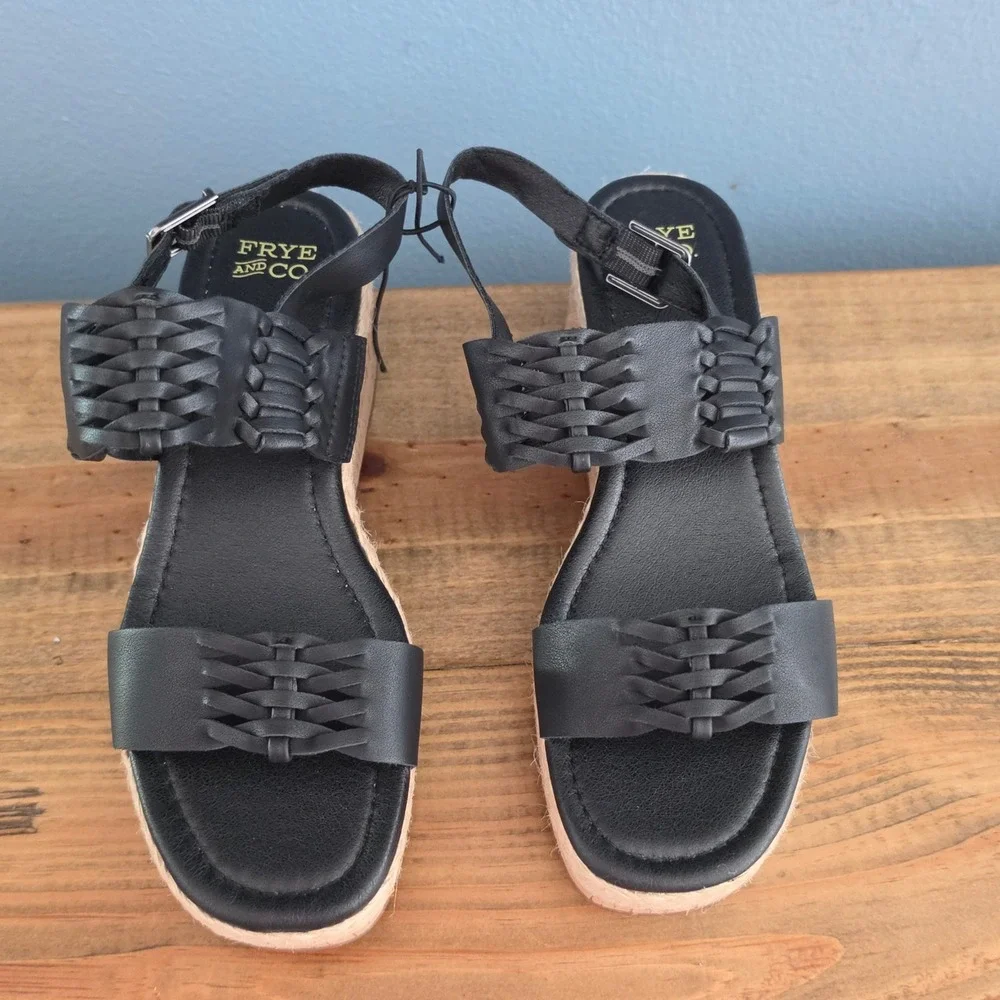 Frye and Co Womens Lavish Wedge Sandals Black Woven Platform Cork 6M